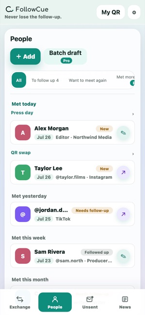 Contact list showing who you haven't followed up with