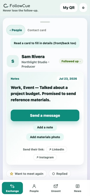 Contact card with notes on what you talked about
