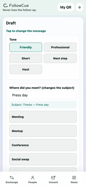 Draft screen where tapping an answer changes the message