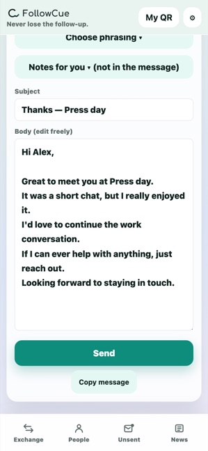Screen for reviewing and sending a thank-you draft
